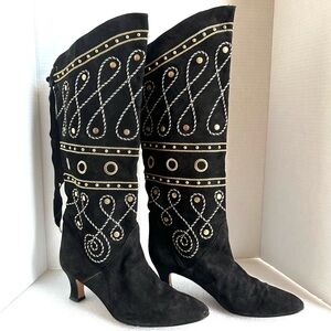 Nando Muzi Vintage Italian Black & Gold Embellished Heeled Suede Leather Boots
